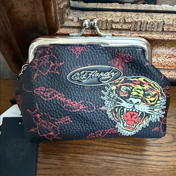 Ed Hardy Black/Red Coin Purse with Tiger and silver chain handle. Tiger charm. - Picture 5 of 9